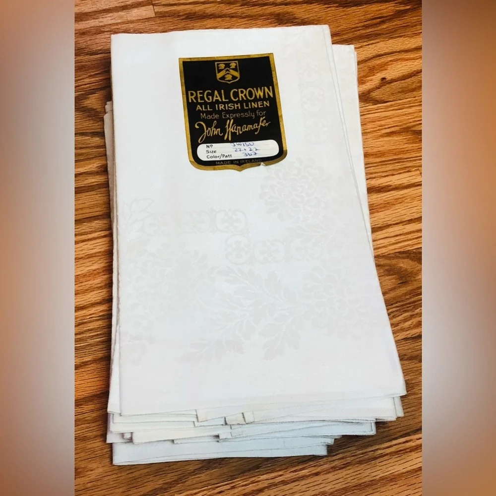 NEW 12 All Pure Irish Linen Dinner Napkins White Regal Crown Damask Floral 22